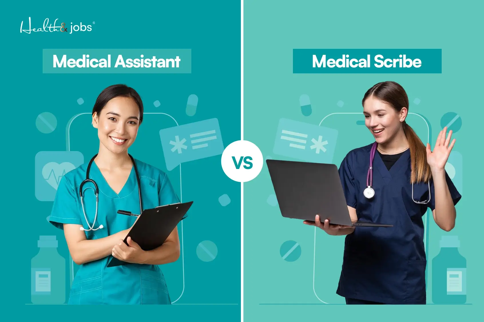 comparison image showing medical assistant vs medical scribe